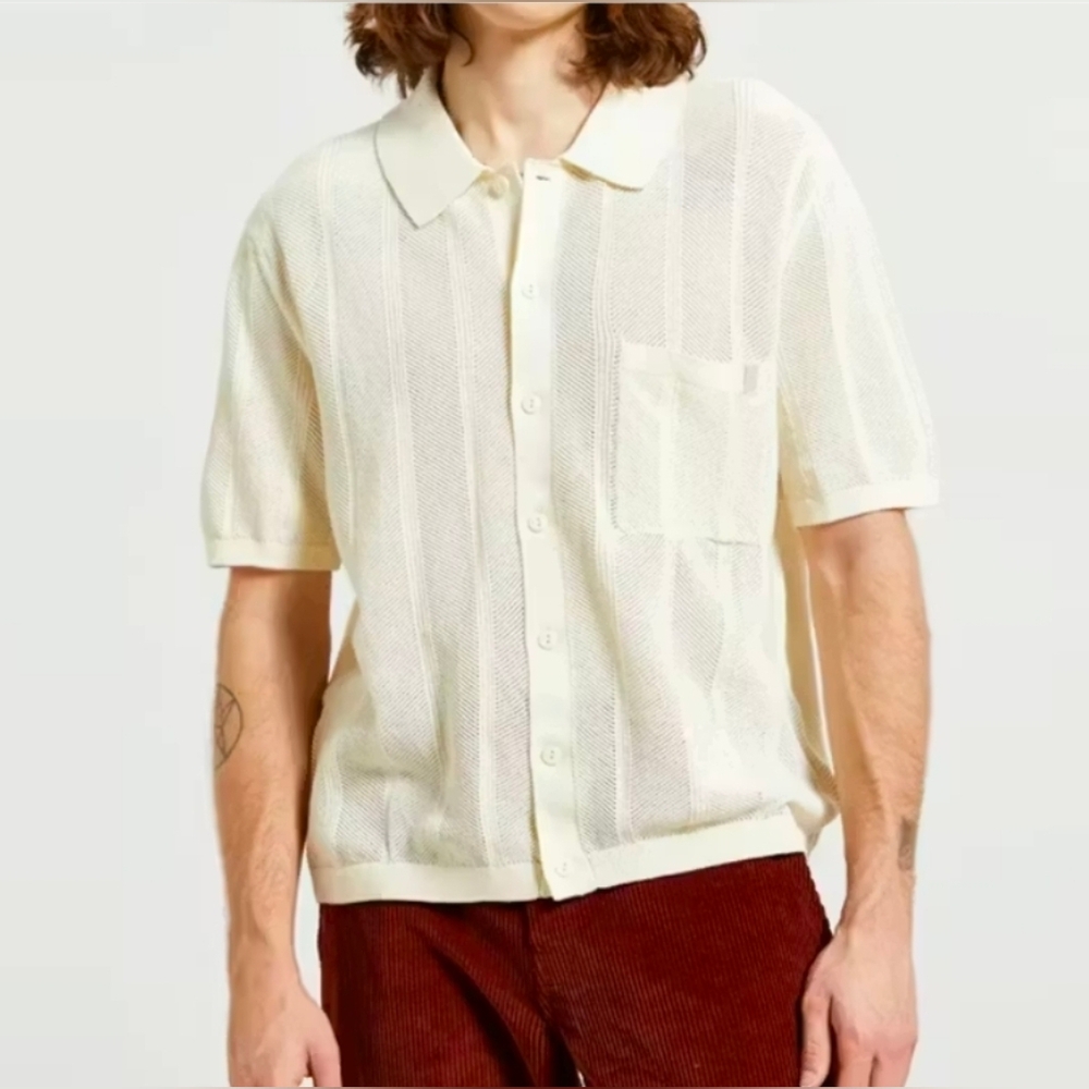 Standard Cloth Rico Textured Stitch Cotton Knit Polo Button Shirt Ecru Cream M